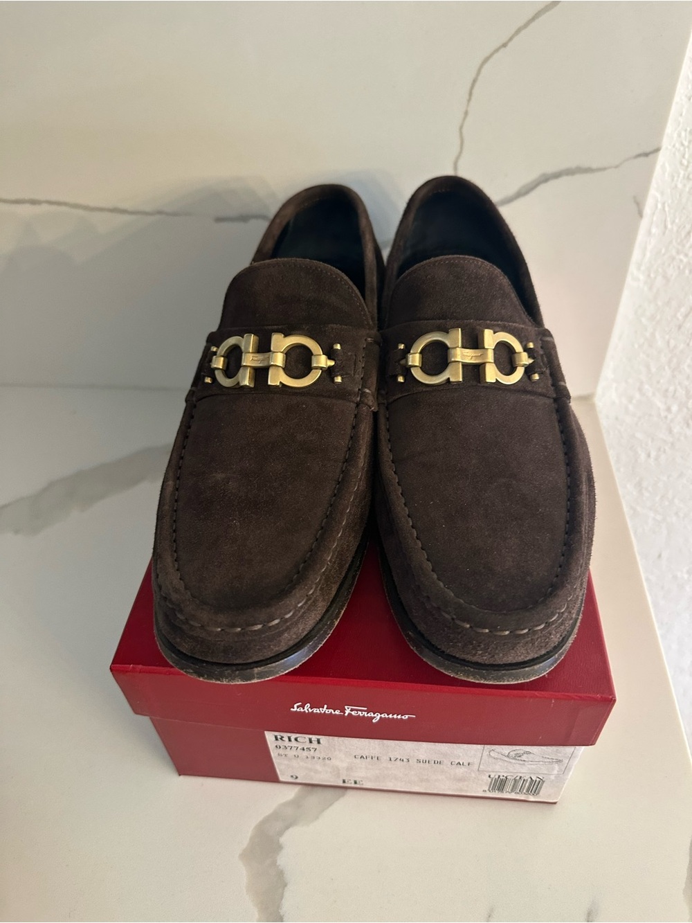Salvatore Ferragamo Brown Suede Bit Loafers with Gold Hardware